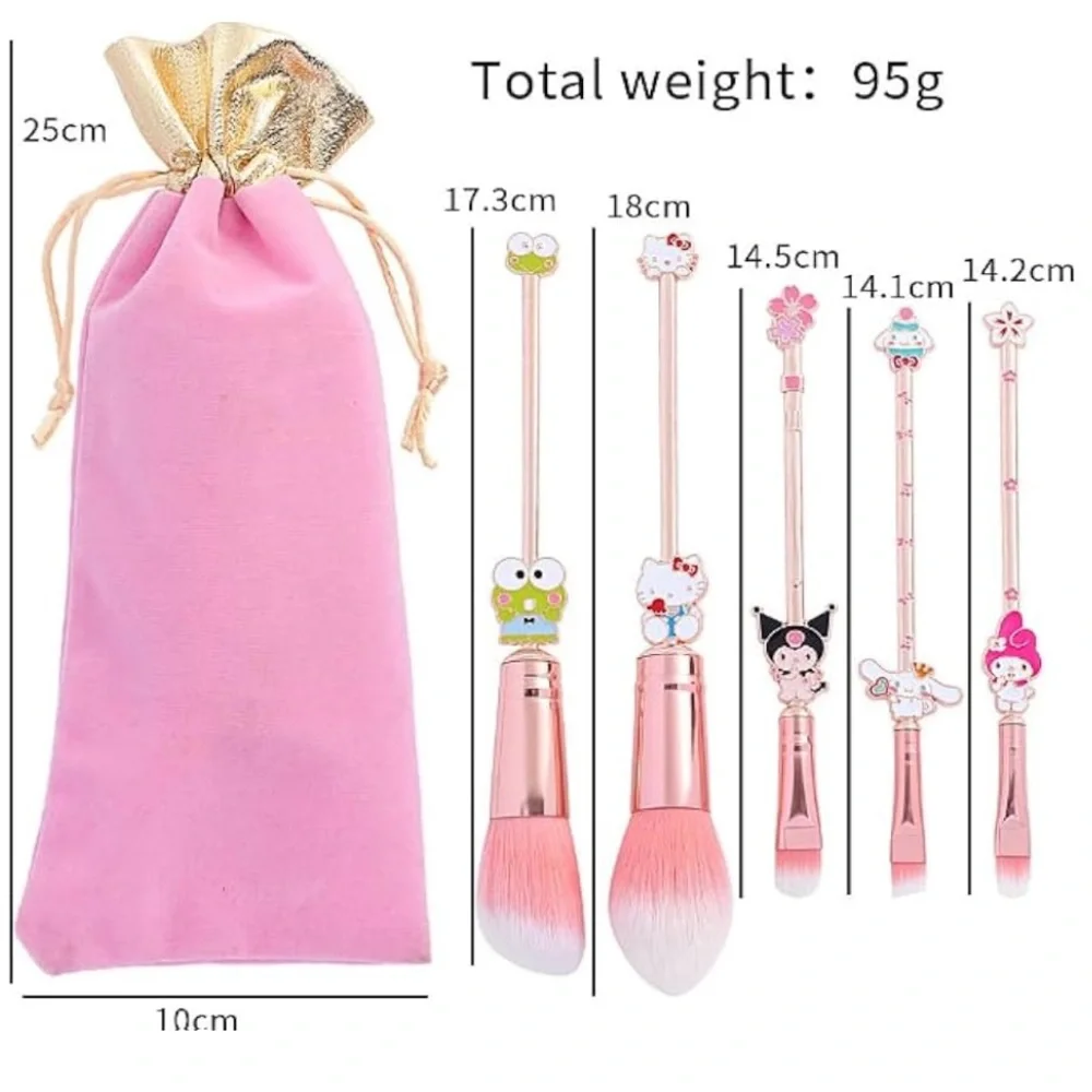 5PCS Hello Kitty & Friends Makeup Brushes Set with Pink Storage Bag